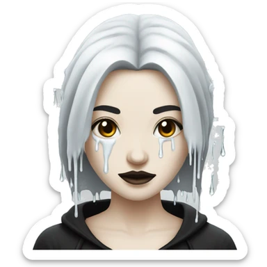 white goth women with long black hair with white sticky flour water dripping off her sticker