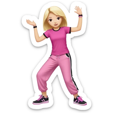 Hiphop dancer, with cute big pants, sneakers, and t-shirt. White girl blond. Coloufull shirt. No pocket pants. Dancing. No orange. Pink and black sticker