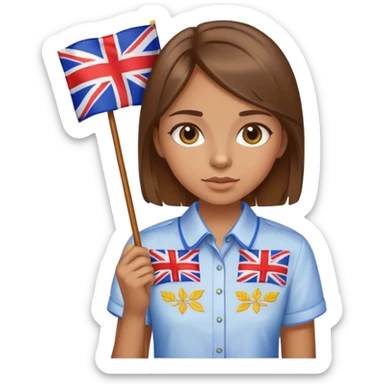 A Ukrainian girl with brown hair wearing an embroidered shirt holds a British flag sticker