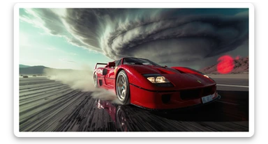 Cinematic still of a ferrari f40 around tornado od arizona desert, sun flare, captured by gopro hero with effect fisheye, water drops on car body, detailed, inspired by interstellar look, captured by a arri alexa, inspired by Wes Anderson sticker