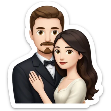 married couple portrait, tall white man with brown hair goatee mustache embracing a pale woman with long black hair, wearing formal clothing sticker