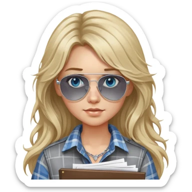 girl with long blond messy hair wearing grey plaid shirt with blue eyes and aviator sunglasses wearing a ring on her silver necklace, holding lawyer papers sticker
