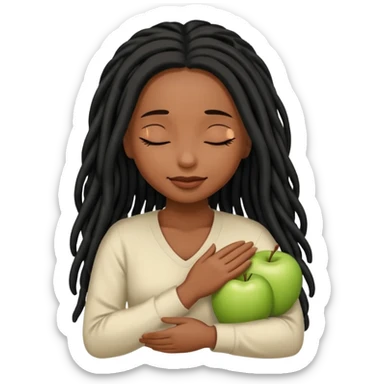 Soft feminine emoji with deep brown skin (Apple’s darkest), long black locs, eyes closed, gently cradling locs. Rounded, simple features, subtle smile. Clean, minimal Apple-style vector art, transparent background. sticker