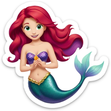 Disney Ariel mermaid with long red hair, green tail, and purple seashell top, smiling sticker