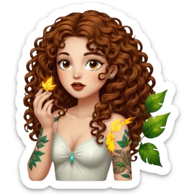 full body view of a woman with long curly brown hair, brown eyes, white skin, tattoos, blowing a glowing kiss made of leaves and sparks sticker