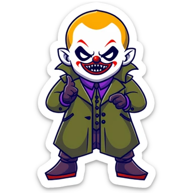 evil clown warrior, bald, small black horns on forehead, fangs, pointed ears, eye patch over one eye, long coat over black and military green leisure suit with bellbottom pants, tail, realistically proportioned, less bulky, full body visible, battle-ready fighting posture sticker
