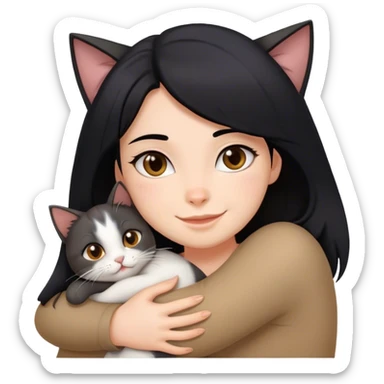 happy girl with black hair hugging three cats  (darle brown cat, full gray cat, brown calico cat) sticker