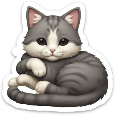 dark grey and white small cat with his eyes closed, leaning his head on his paw while leaning on his elbow lying down sticker