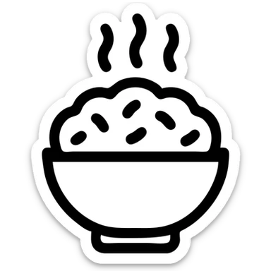 cartoon red bowl of rice with steam, outlined style, playful and bold sticker