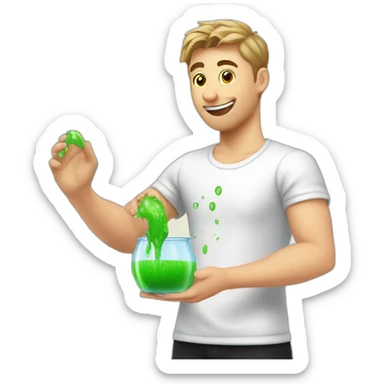 Slavic guy in a white T-shirt and black trousers holds a slime in his hands and washes the window sticker