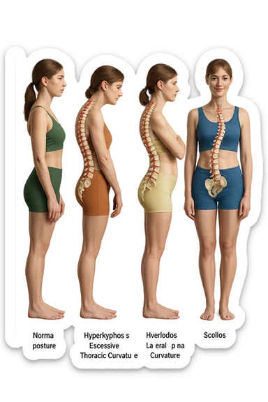 fai un immagine identica che riguarda 3 posture scorrette: scoliosi, ipercifosi e iperlordosi. falla iperrealistica anatomica in 4k con spina dorsale storta in evidenza su ogni figura sticker
