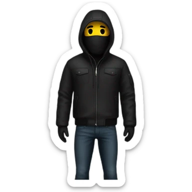 A man standing in black jacket and black jeans. Full body shot. The man is wearing a ski mask with no mouth hole sticker