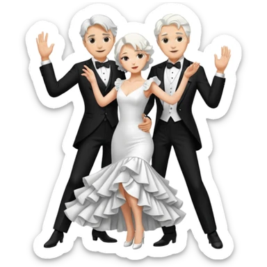 Dancing Tango couple conservative black tux for male and white long rafle dress for woman. Both male and female with white hair sticker