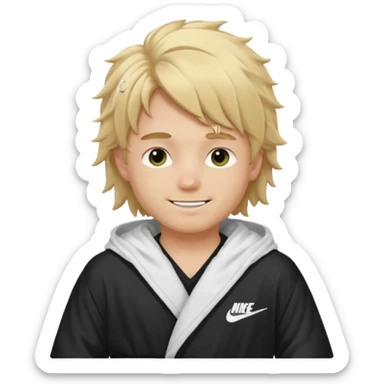 Create a blond boy with long, messy hair, light eyes, a white t-shirt, rich, with long hair, blue eyes, medium-length, voluminous hair, wearing a black Nike bathrobe and a little blush near his nose. and with a balaclava, type bandit balaclava sticker