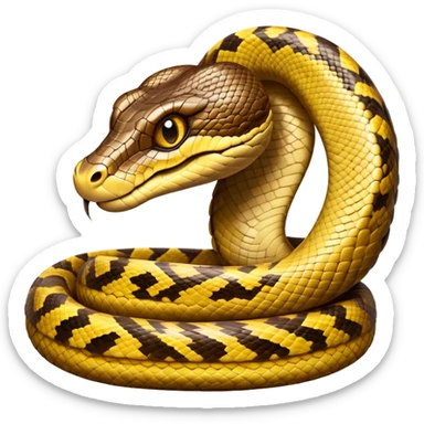 cinematic-python-realistic-full-body-coiled-emoji,-thick-scaled-body-looped-tightly,-intricate-brown-and-gold-patterned-scales-reflecting-light,-head-tilted-dramatically,-slitted-eyes-staring-calmly,-simplified-yet-realistic-focused-feature sticker
