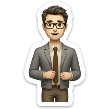 Full height Gesticulating Pale skinned fit man with dark brown hair in gray jacket, beige office shirt, brown tie, brown pants and vintage glasses. sticker