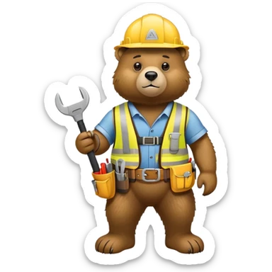 Bear wearing a yellow construction hard hat and tool belt sticker