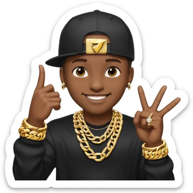 rapper emoji, pointing at the camera, big smile, flashy jewelry sticker