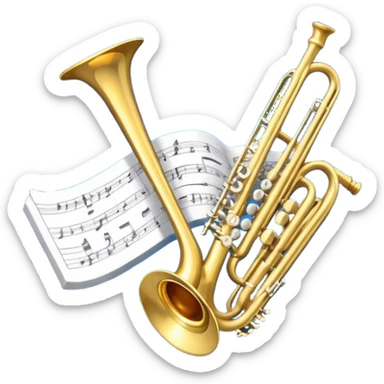 Create an elegant and refined emoji that represents orchestration and arrangement. The design should feature a musical score or sheet music with various orchestral instruments like a violin, a trumpet, and a grand piano subtly integrated into the composition. Add a conductor's baton, symbolizing the guiding hand of orchestration, and flowing musical notes that move between the instruments. Use rich, classic colors like gold, silver, and deep blue to evoke the sophistication of orchestral music. The background should be transparent, with a touch of intricate details to represent the complexity of orchestration. sticker