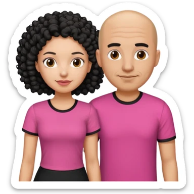 A picture if a couple, the man is a bald Mexican man with a black tee shirt on and the woman is mixed with black and white, with curly hair and a pink shirt on sticker