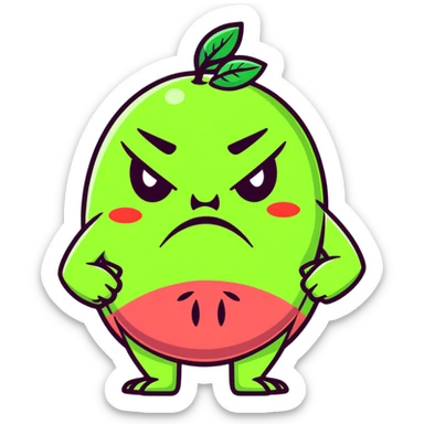 Furious guava character with angry eyes, scowling face, and arms crossed sticker