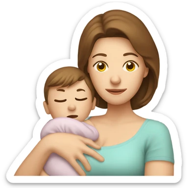  tired caucasian mother with brown hair holding newborn baby sticker