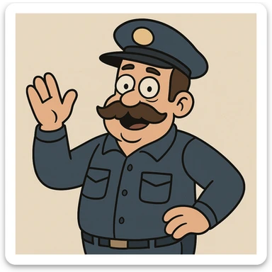 cartoonish bus driver, wearing cap, big mustache, light background sticker