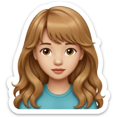 Please generate a portrait of a pretty girl with long, wavy, light brown hair and bangs. sticker