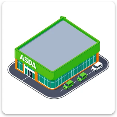 Isometric ASDA supermarket exterior with green facade, click and collect pickup point, and British number plate cars in car park sticker