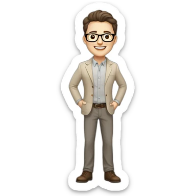 Joyful Pale skinned Fit Man With dark brown hair in gray jacket, beige office shirt, Brown pants and vintage glasses. His thrumbs up sticker