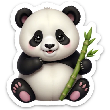 Cinematic smiling chubby panda, fluffy black and white fur, round rosy cheeks, tiny paws holding a bamboo shoot, sparkling eyes full of joy, soft glowing background, irresistibly huggable. sticker