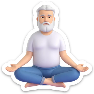 grey-haired and bearded white man meditating, wearing a white t-shirt and blue jeans sticker