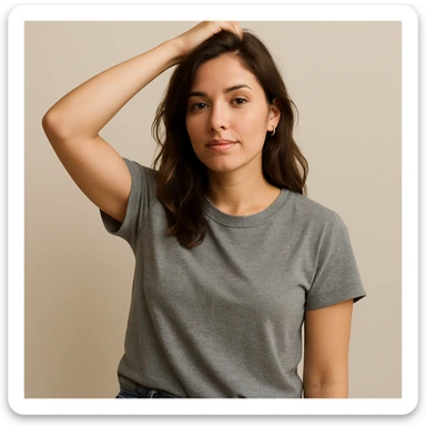 woman with hand on head, casual style, plain background sticker