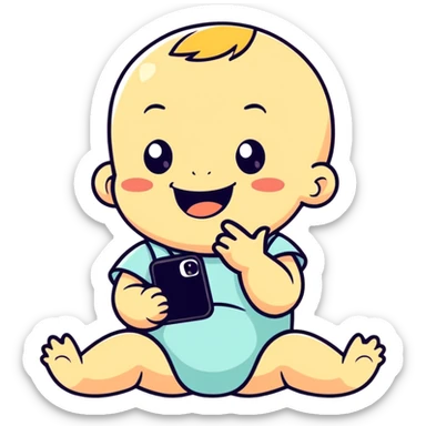 a baby with a cell phone in his hand laughing sticker