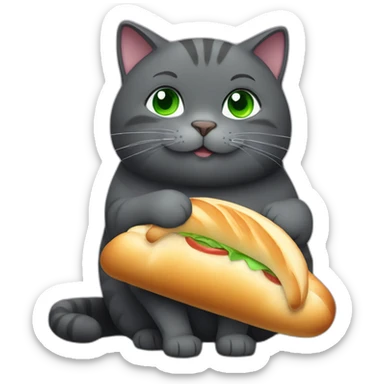 happy dark grey fat cat with green eyes and short tail eating a baguette sticker