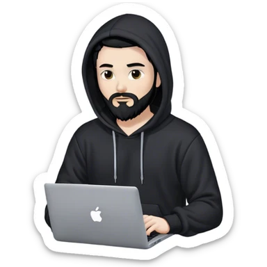 hackeur blanc cheveux noir barbe et capuche noir avec un macbook sticker