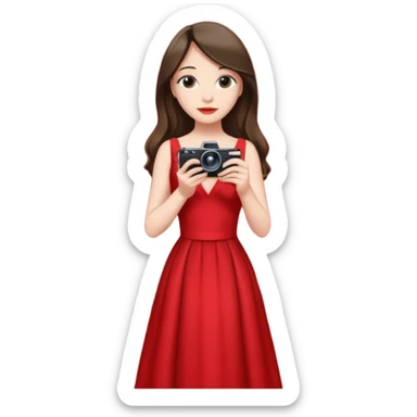 an actress standing on a red carpet with a formal dress, with only one film camera next to her. sticker