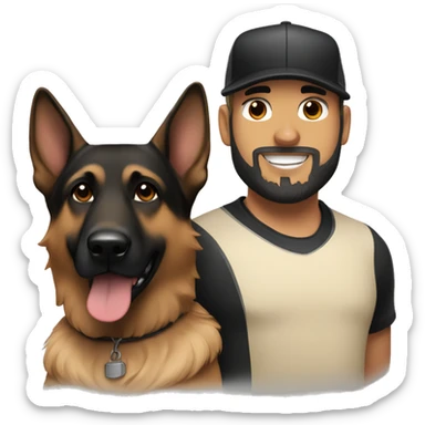 white male with a black beard and a baseball hat alongside a black and brown german shepherd  sticker