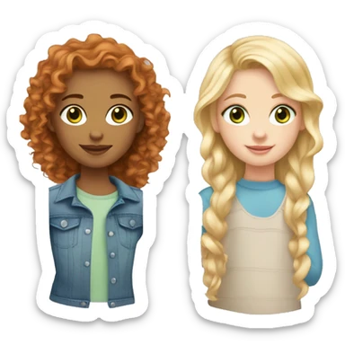 3 girls. Girl 1- wavey blonde hair and green eyes.  Girl 2- red curly hair brown eyes. Girl 3-light blonde hair blue eyes sticker