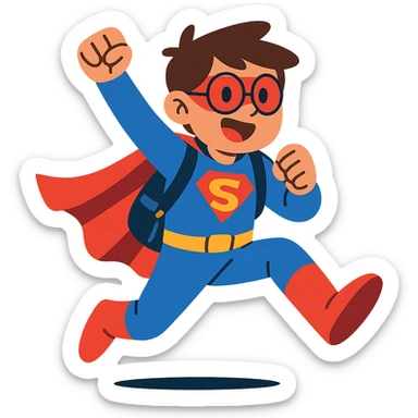student in superhero costume, dynamic pose sticker
