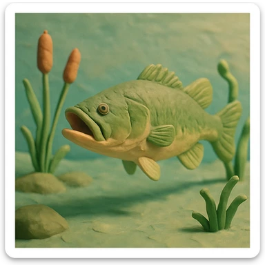 largemouth bass swimming in a pond, visible fingerprints, pastel colors, claymation style sticker