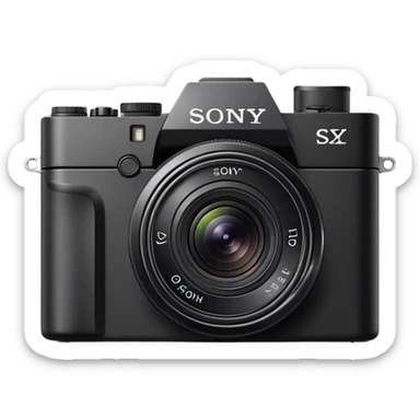 Ultra minimal black camera with 'Sony' text on top, basic camera shape with tiny lens, Sony branding visible sticker