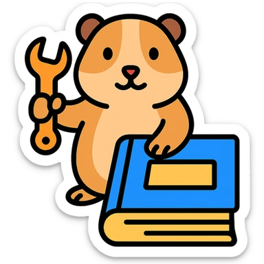 guinea pig (cavia) holding a wrench, fixing a book, color outline icon sticker