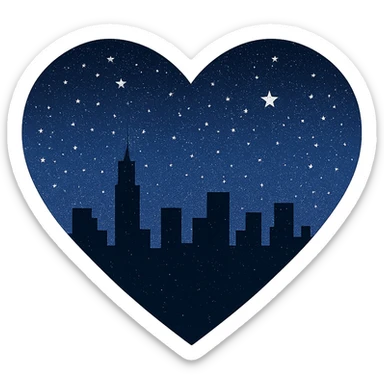 Add more stars to the heart with a city skyline at midnight, keep the starry sky above, no background. Maintain the style and starry sky of the original image. sticker
