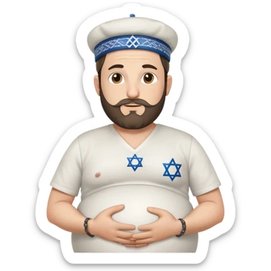 Pregnant Jewish man facing left with hands on belly, wearing a kippah and Star of David necklace, with facial hair sticker