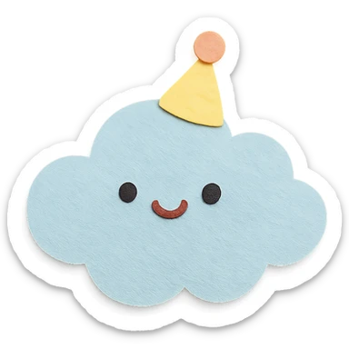 soft pastel cute cloud wearing a tiny party hat and smiling, no arms, no legs, full body, soft pastel kawaii paper craft style sticker