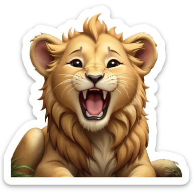 Cinematic Cute Yawning Lion Cub Portrait Emoji, Head tilted slightly with a dramatic, wide-open yawn, showcasing a soft, downy tawny Fur with a majestic mane, floppy ears slightly drooping, round amber eyes barely open in drowsy contentment, Simplified yet irresistibly adorable features, highly detailed, glowing with a soft, cozy glow, high shine, relaxed yet expressive, stylized with a touch of savannah whimsy, bright and endearing, soft glowing outline, capturing the essence of a sleepy yet affectionate Lion Cub, so drowsy it feels like it could stretch out of the screen and curl up for a nap! sticker