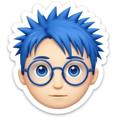 emoji style illustration of a chibi head inspired by
1,
big blue eyes, round glasses,
spiky dark blue hair,
cute flat emoji style,
simple clean lines,
white background,
high quality,
only head, no body sticker