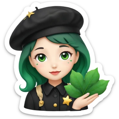 A kawaii girl emoji with wavy dark-green hair, wearing a black beret, holding a tiny heart-shaped leaf. Her eyes sparkle with star reflections, and she blushes softly. Background is a gradient of matte black and deep emerald. sticker
