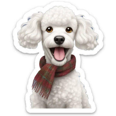 A white poodle with a scarf in its teeth sticker